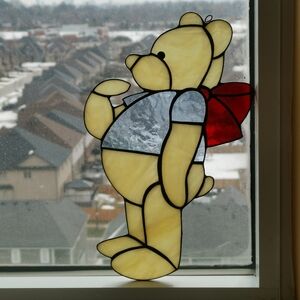 Stained Glass Bear with Red Bow Suncacther